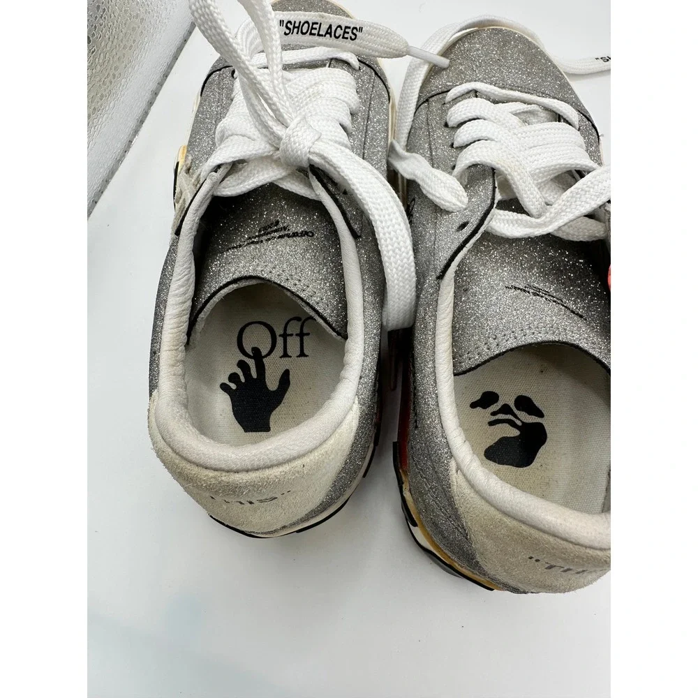 Off-White‎ Kids Low Vulcanized Silver Glitter Sneakers Zip Tie Shoes